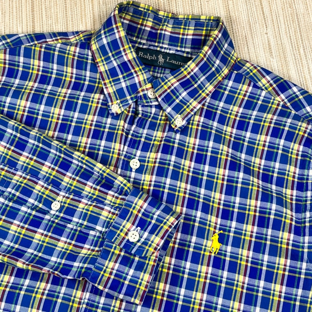 Ralph Lauren Mens Blue Yellow Plaid Button Down Shirt Small Long Sleeve Cotton S